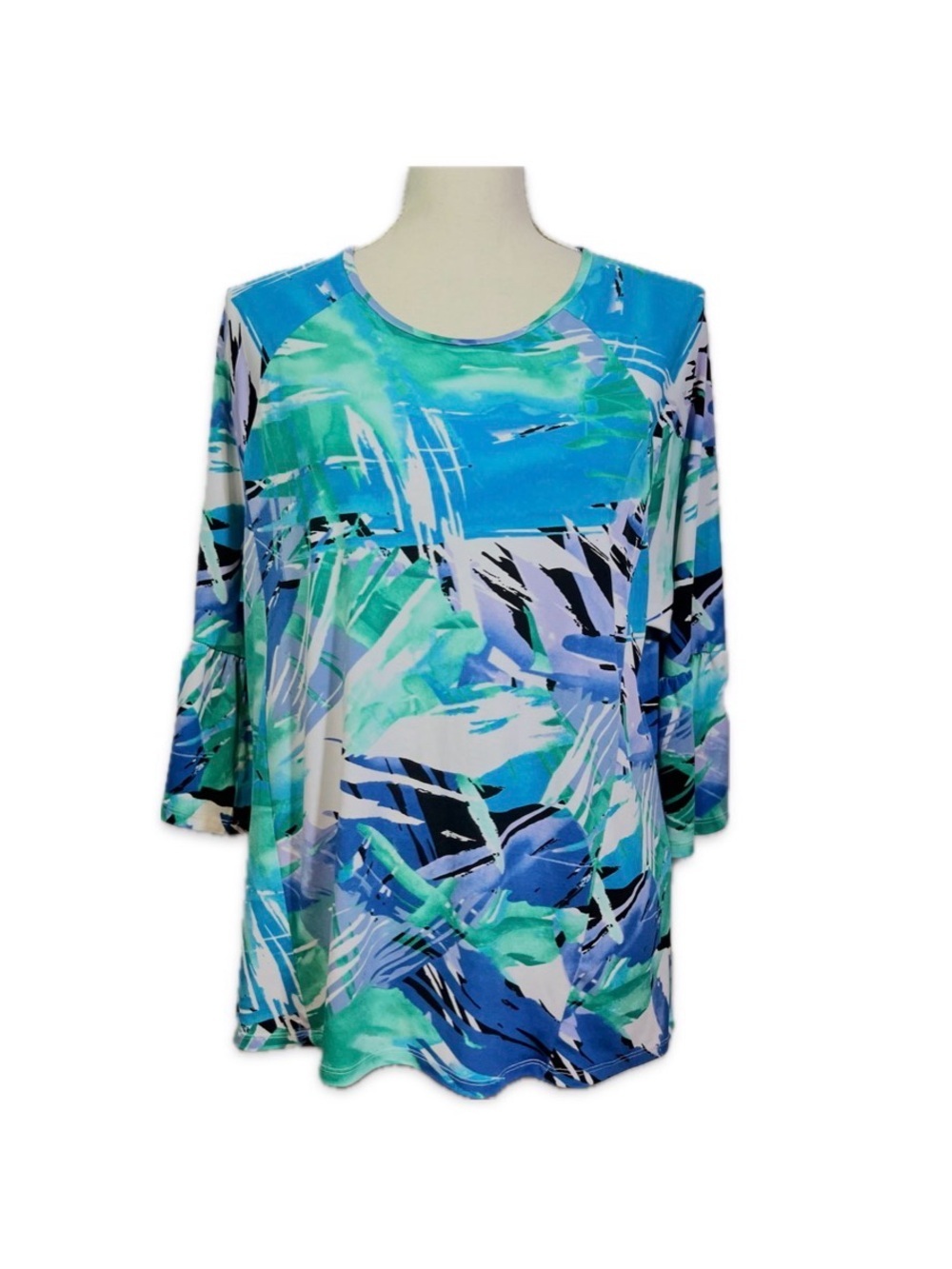 Erin London Abstract Print Top XL Blue Green Purple 3/4 Trumpet Sleeve